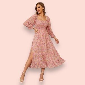 R. Yiposha Pink Floral Ethereal Puff 3/4 Sleeve Smocked Midi Slit Size L